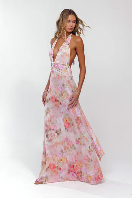 Abstract Bouquet Floral A-Line V-Neck Pleated Chiffon Dress
